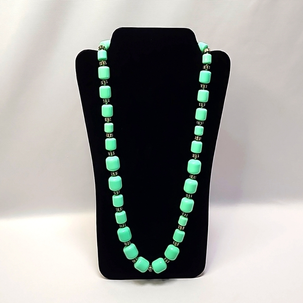 J. Crew Signed Mint Green Acrylic and Rhinestone Bead Necklace